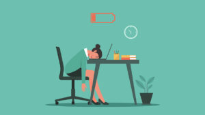 Professional burnout syndrome concept. Tired or exhausted woman with low energy battery sitting at the office and working on laptop computer in workplace, vector illustration
