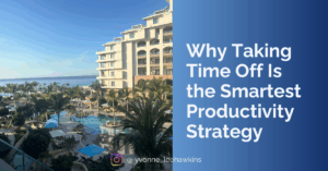 picture of a beach resort with the title: Taking time off